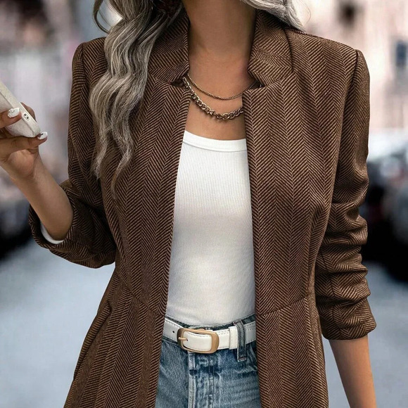 Coffee Brown Casual Women's Herringbone Pattern Long Sleeve Overcoat - Picture 4 of 7